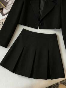 Franclia 2026新款女士黑色纽扣细节西装套装 - 百褶迷你裙两件套休闲办公简约风格修身百搭易配套装 - 黑色 - 查看 4