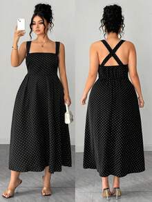 Elenzga Plus Size Casual Black Polka Dot Midi Cami Dress Sleeveless Square Neck Woven Flared Style For Women Poka Dots Gowns - Black - View 3