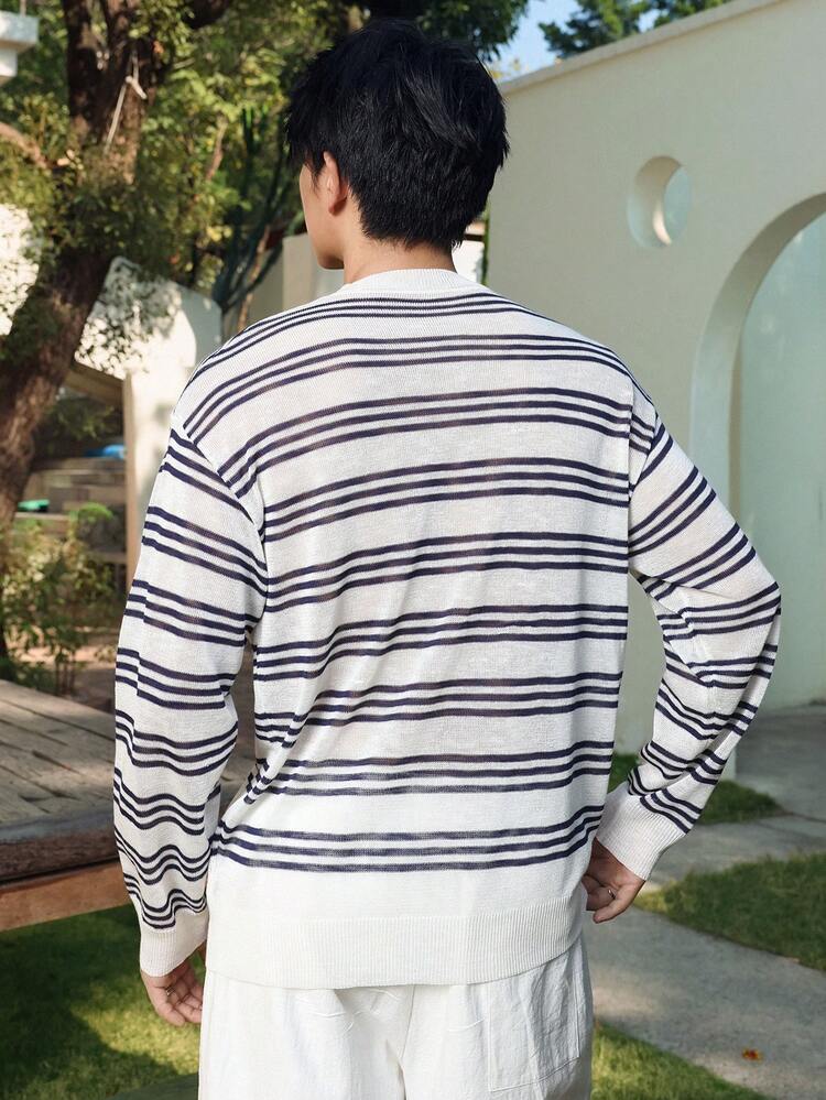 Men's Striped Blue & White Half-Zip Crew Neck Knit Sweater, Spring/Autumn