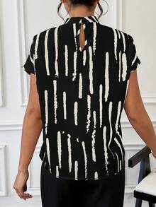 SHEIN Essnce Women's Summer Brush Print Stand Collar Short Sleeve Casual Loose Shirt - Black - View 2