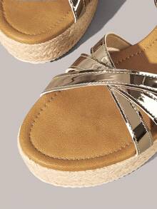 Styleloop 女士纯色休闲厚底波西米亚复古帆布厚底系带凉鞋，春夏款 - 灰色 - 查看 4