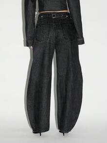 KIZN Women's High Waisted Barrel Leg Jeans Wide Leg Raw Denim Vintage Washed Streetwear Casual Pants - Black - View 2