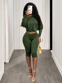 BamGleam Sexy Asymmetric-Shoulder Cinched Waist Long Sleeve Crop Top And Pants Set - Olive Green - View 3