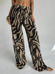 Aloruh 女士新款斑马纹沙滩裤，低腰阔腿裤，长款长裤，女士度假装 - 卡其色 - 查看 3