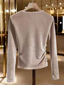 Franclia French-Style Elegant Grey Autumn Women's Knitted Velvet T-Shirt,Exquisite Crossover Neck Pleated Pearl Buckle Khaki Top For Brunch ,Business - Grey - View 2