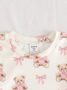 SHEIN 2件套女童针织小熊蝴蝶结图案圆领T恤和打底裤睡衣套装 - 米色 - 查看 5