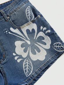 ROMWE Hippie 大码复古水洗印花休闲弹力牛仔短裤 - 藍色 - 查看 4