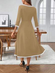 EMERY ROSE 女士撞色简约中长连衣裙，日常穿着 - 卡其色 - 查看 2