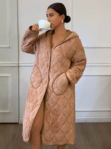 DAZY 女士绗缝加厚连帽宽松中长睡袍，冬季睡衣 - 灰色 - 查看 5