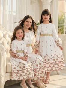 Tween Girl Floral Print Flare Sleeve Dress With Waist Tie And Ruffle Hem - White - View 1