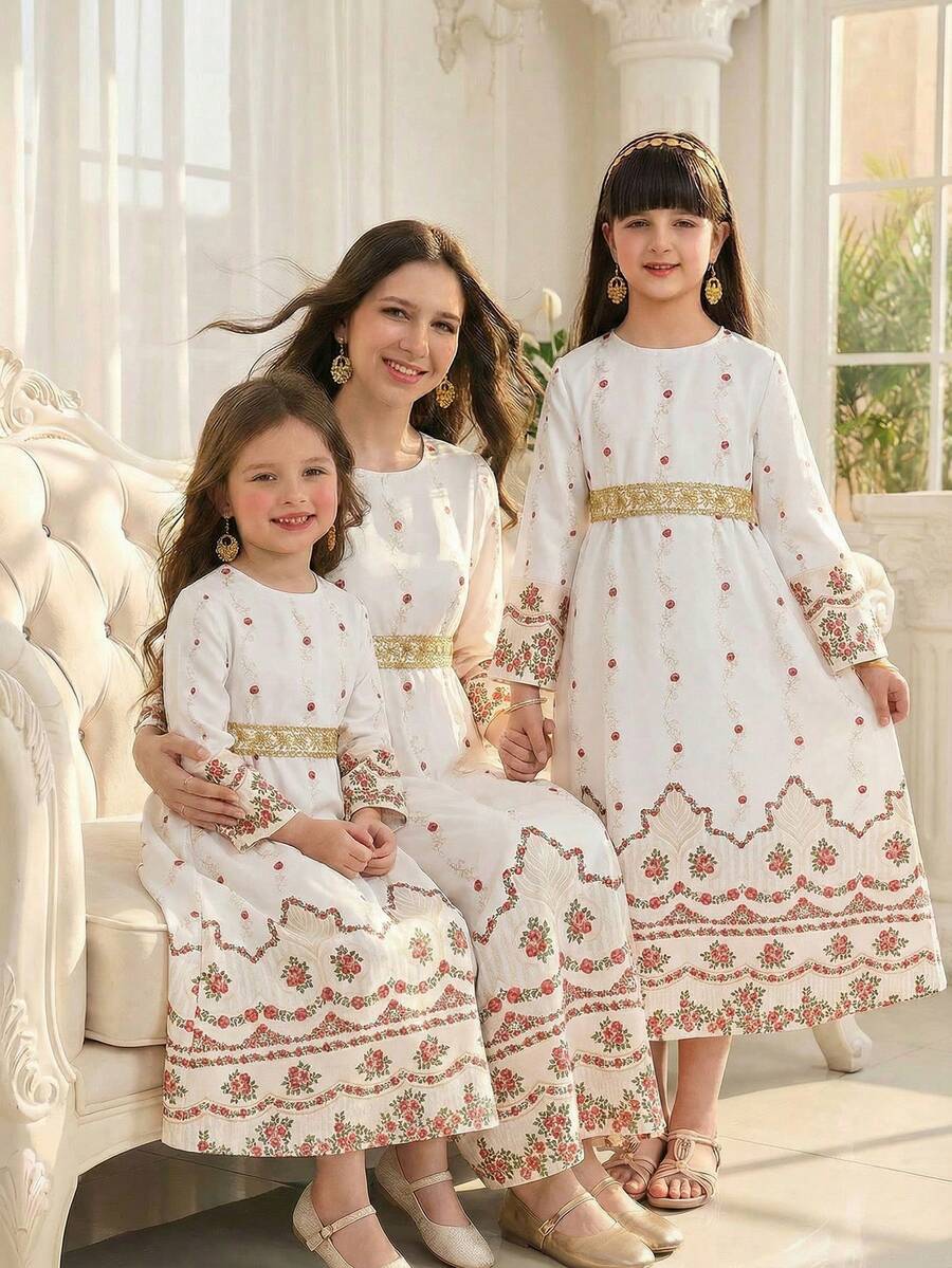 Tween Girl Floral Print Flare Sleeve Dress With Waist Tie And Ruffle Hem - White - View 1