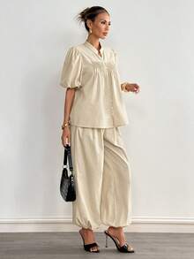 Siren Gaze 女士亚麻灯笼袖衬衫和阔腿裤套装，纯棉女士两件套 - 杏色 - 查看 4
