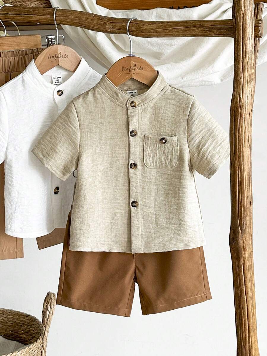 Vintaside Kids 男婴夏季时尚百搭立领短袖白衬衫搭配休闲简约短裤套装，适合度假、旅行、聚会和派对等场合。 - 彩色 - 查看 1