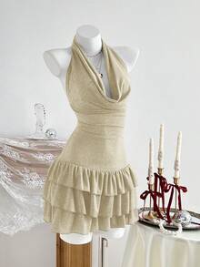 Elamini Solid Color Halter Draped Backless Elegant Party Mini Dress - Apricot - View 5