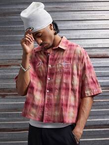 AXEPEAK 男士格子印花短袖单排扣休闲衬衫 - 粉色 - 查看 5