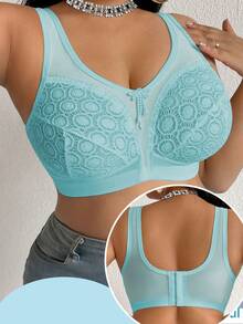 DesireSculpt Plus Size Solid Color Lace Patchwork Wireless Bra - Mint Green - View 3