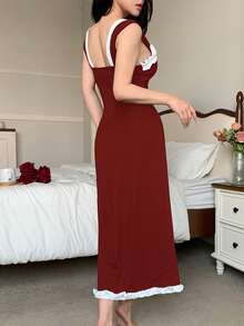 Elegant Ruffle Hem A-Line Casual Dress, Women Loungewear - Burgundy - View 2