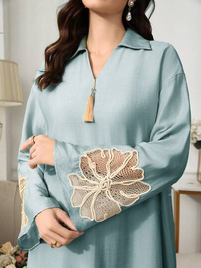 Yasmyna 女士V领落肩长袖喇叭袖口镂空刺绣流苏装饰宽松长款阿拉伯连衣裙