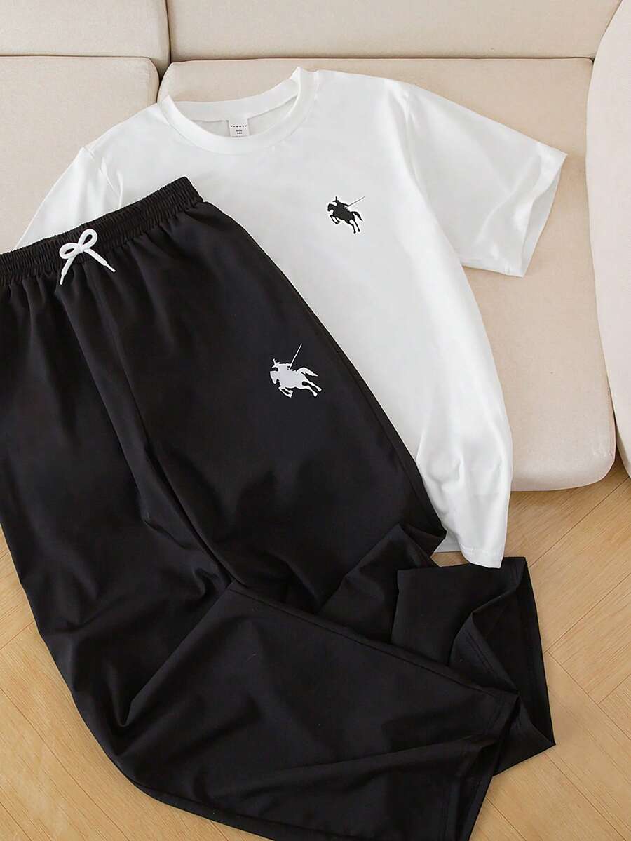 SHEIN Teen Girl Knight Print Round Neck Short Sleeve T-Shirt And Pants Casual Outfit - Black and White - View 1