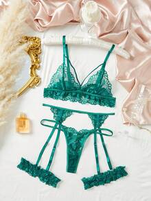 5pack Cross Front Floral Lace Garter Lingerie Set With 1pair Leg Ring - Dark Green - View 6