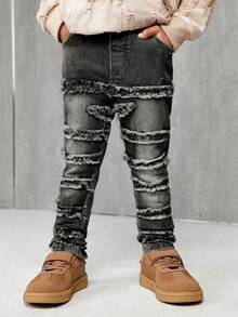 SHEIN Young Boy Fashionable Retro Design Distressed Vintage Washed Raw Edges Patchwork High Stretch Slim Fit Blue Jeans,For Winter Outdoor Wear - Black - View 5