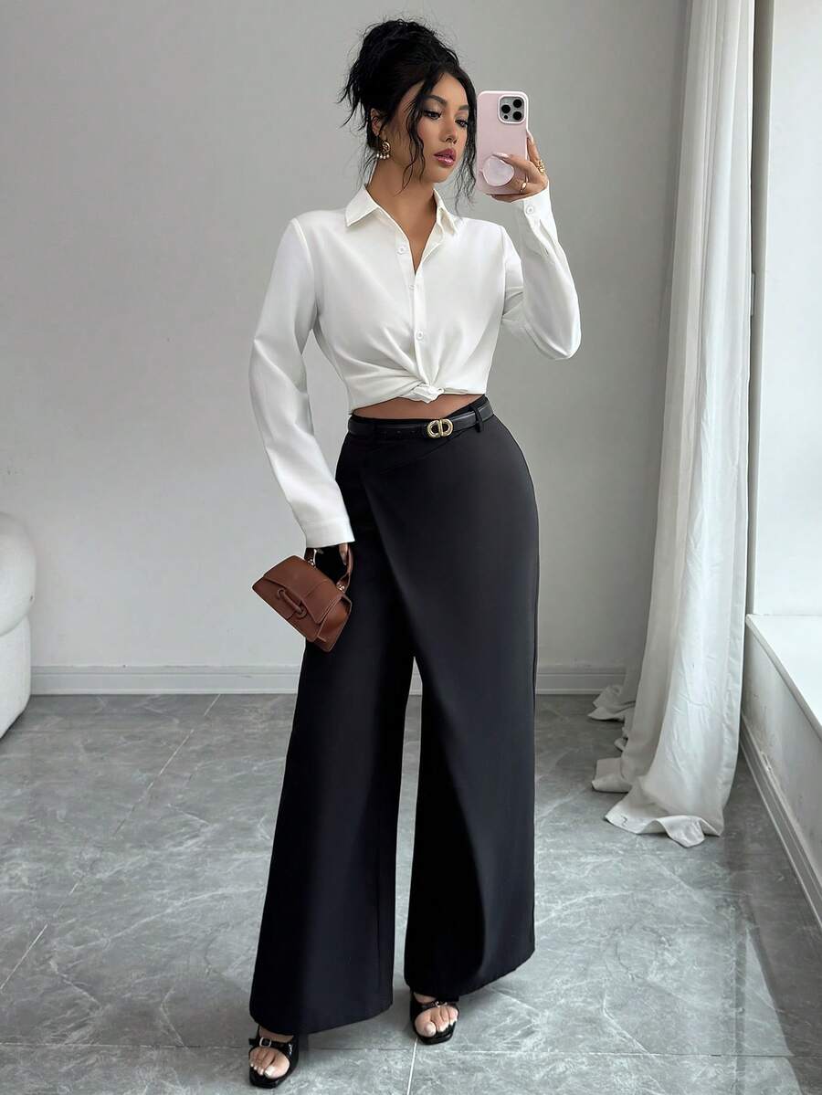 Modelyn 女士纯色裹身交叉腰部休闲裤 - 黑色 - 查看 1