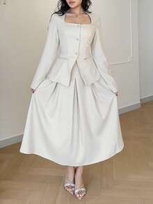 Modelyn Bộ 2 món áo khoác và chân váy trơn màu thanh lịch dành cho nữ - Xám - Xem 5