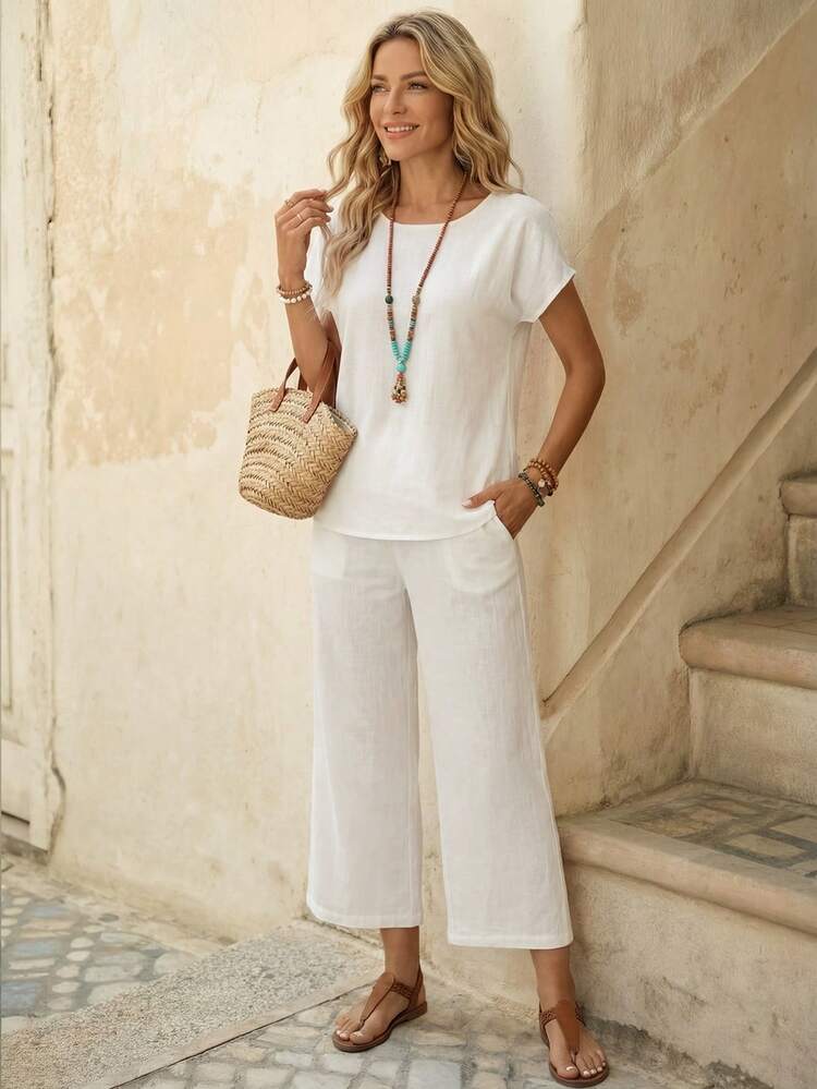 Women's Solid Color Short Sleeve Round Neck Top And Long Pants Summer Casual Vacation 2-Piece Set