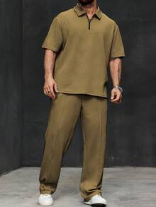 Manfinity Homme Plus Size Men's Solid Color Short Sleeve Polo Shirt And Pants Casual Suit