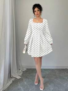 Rafferiza Women's Elegant Polka Dot Square Collar A-Line Short Dress - White - View 3