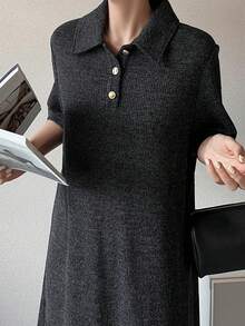 FRIFUL 女士纽扣前开襟休闲短袖连衣裙 - 灰色 - 查看 7