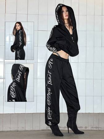 ROMWE Avant Sudadera con capucha con gráfico bordado oversize