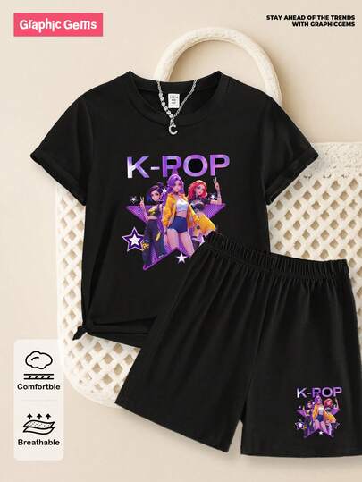 SHEIN GraphicGems 2 st/set sommar- och höstavslappnad modeflicka K-POP-tjejgrupp tecknad tryck rund hals kortärmad t-shirt och shorts, bekväm sommar- och höststil lämplig för flickor dagligt bruk