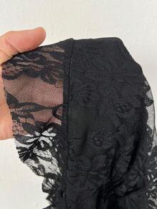 Coolane 女士休闲音乐节露肩网纱荷叶边不对称下摆上衣 - 黑色 - 查看 6