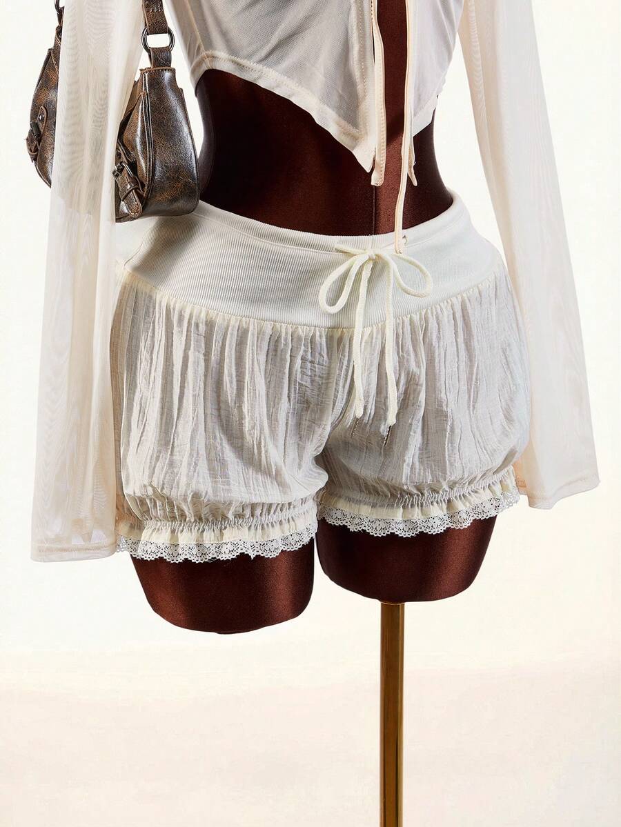 Amplova Quần short cạp chun kiểu dáng boho lãng mạn mới dành cho nữ - trắng - Xem 1