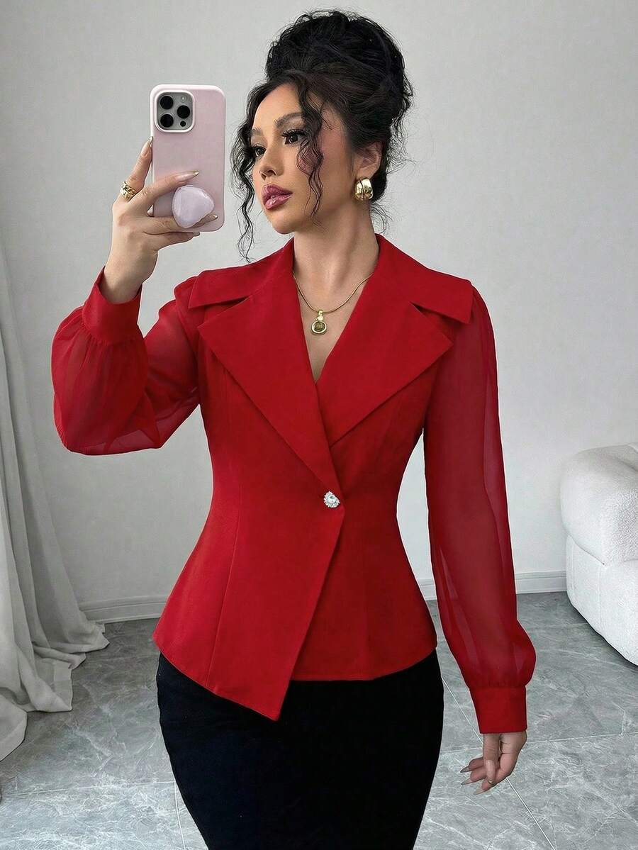 Elenzga 女士优雅浪漫修身长袖西装外套 - 紅色 - 查看 1