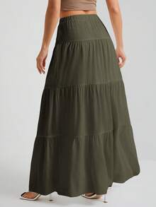 SHEIN Tall 白色梭织女式大下摆白色衬里半身裙，适合度假和外出穿着 - 橄欖綠 - 查看 2