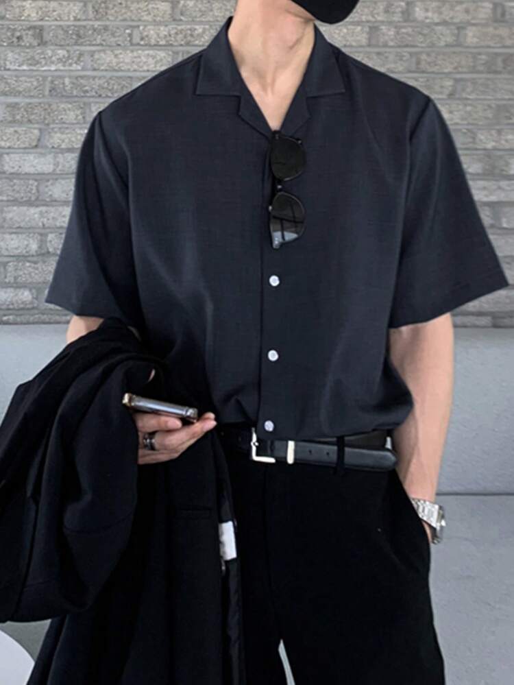 Men's Solid Navy Blue Short Sleeve Shirt, Summer