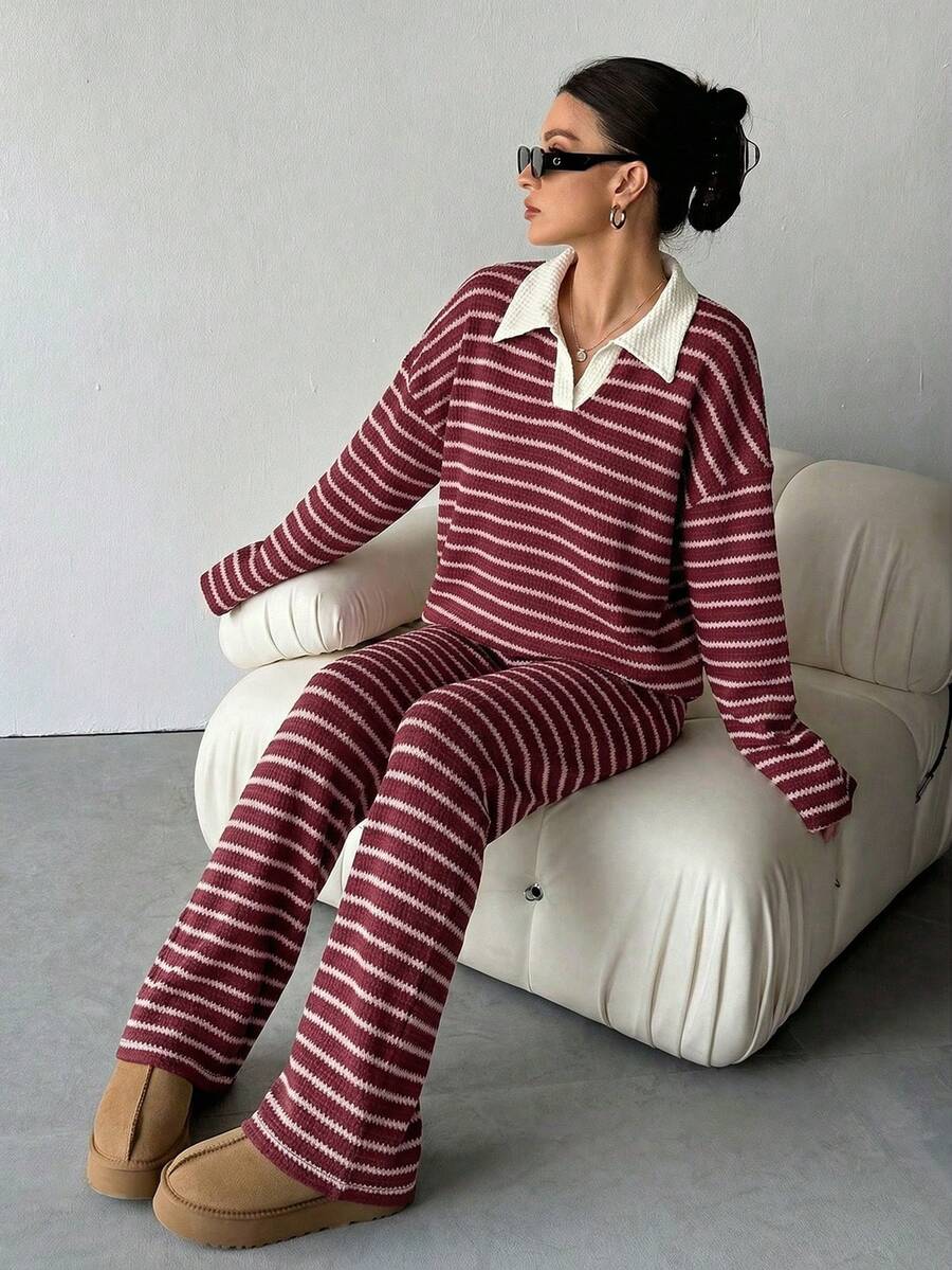 SHEIN Tall Women's 2pcs Set Loose Striped V-Neck Drop Shoulder Long Sleeve T-Shirt &Elastic Waist Striped Pants, Winter Sweater Suit ,Autumn/Winter Loungewear Women Two Piece Lounge Set Lounge Wear Striped Lounge Set Womens Lounge Set - Red - View 1