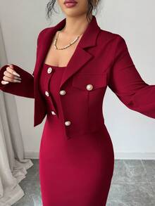 Elenzga 女士珍珠纽扣装饰连衣裙和翻领单排扣长袖外套休闲套装，适合派对、商务、外出等场合 - 酒紅色 - 查看 7