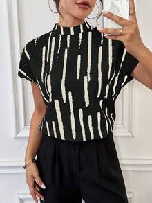 SHEIN Essnce Women's Summer Brush Print Stand Collar Short Sleeve Casual Loose Shirt - Black - View 6