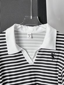 SHEIN Áo thun cardigan cổ tròn kẻ sọc tay dài đa năng cho bé gái tuổi teen, phù hợp cho mùa xuân và mùa thu - Đen và trắng - Xem 8