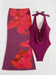 Swim Oasis 女士纯色深V领挂脖连体泳衣，配印花罩衫和裙子 - 酒紅色 - 查看 8