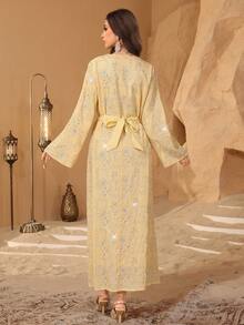 Al Najma Arabic Style V-Neck Belted Embroidered Beaded Party Robe - Yellow - View 6