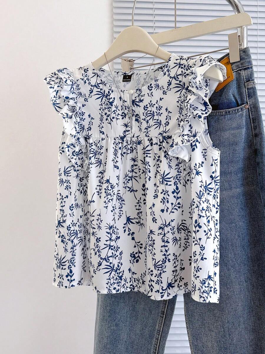 SHEIN Franclia Áo kiểu nữ INS phong cách Pháp mùa hè, tay ngắn, cổ tròn, cài cúc phía trước, dáng rộng, xếp ly. - Màu xanh lam - Xem 1