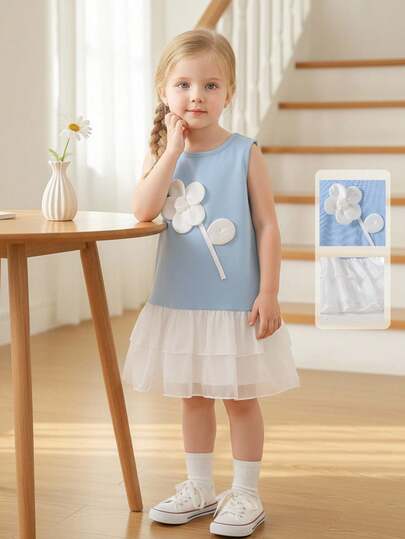 1pc Young Girls Round Neck Sleeveless Pleated Dress With 3D Floral Decor, Elegant & Fashionable Casual Blue Sundress, Suitable For Summer Daily Outings, Travel, Photography And Other Occasions