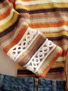 LanaWest Women's Western Casual Jacquard Rainbow Stripe Cuff Lace Trim T-Shirt - Orange - View 8