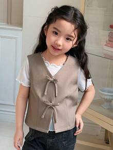 DAZY 女童（小号）无袖薄款背心外套 - 卡其色 - 查看 4