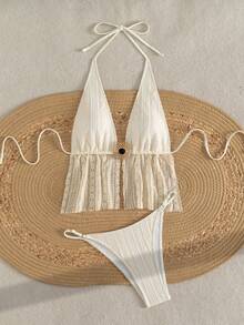 Swim SXY 纯色纹理挂脖比基尼套装，饰有金属圆盘 - 杏色 - 查看 6