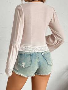 LanaWest Western Style Lace Trim & Tassel Patchwork V-Neck Puff Sleeve Flare Cuff Fitted Versatile Women Blouse - Apricot - View 2